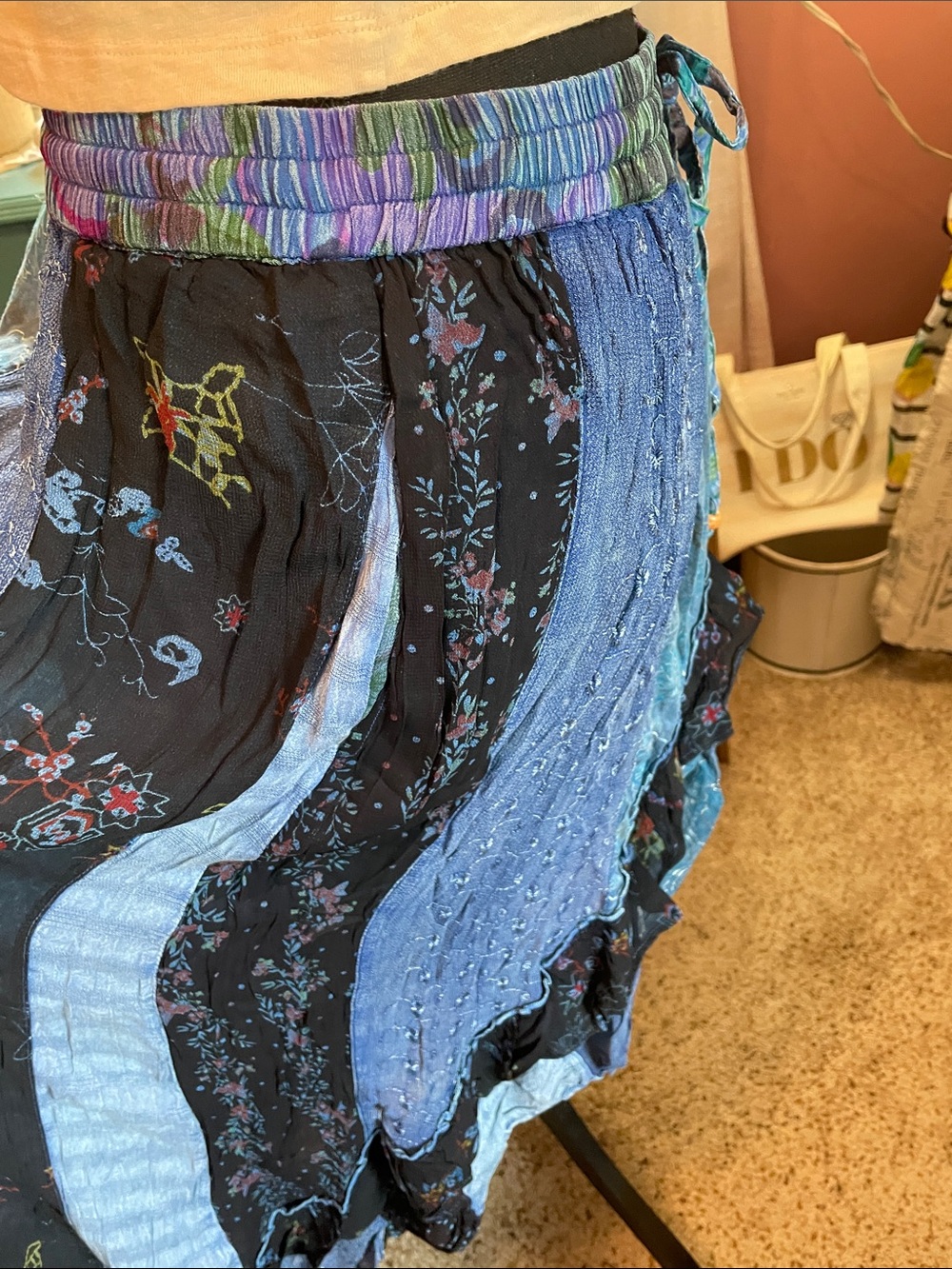 Boho Blue Patchwork Midi Skirt with Drawstring Waist Young Threads XL - Picture 10 of 16